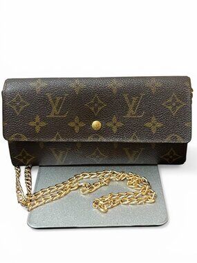 Vintage Louis Vuitton Monogram Canvas Crossbody Bifold Wallet Gold Chain Strap
